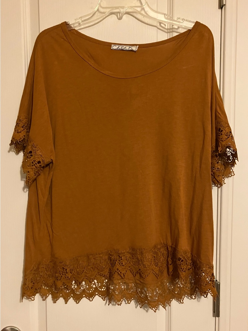 Chloe K Lace-Hem Short Sleeve Top - Rust Brown